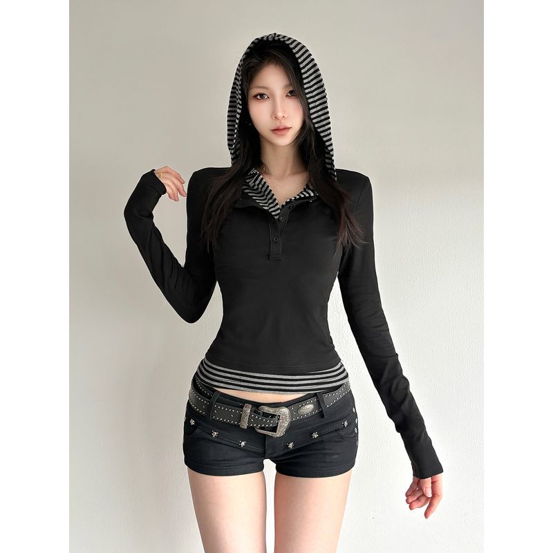 H's European and American Women's Clothing Retro Contrast Color Stripes Patchwork Fake Two-Piece Long Sleeves T-shirt Female Silm Slimming Hooded Tops