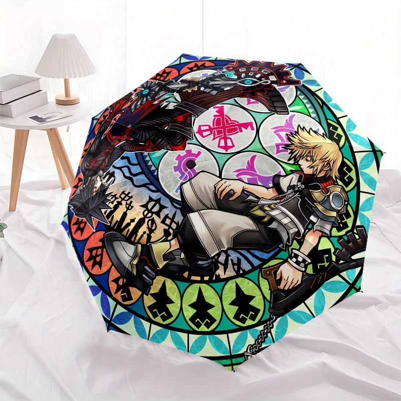Kingdom Hearts Automatic folding umbrella simple eight rib design, bright color pattern, durable iron frame, ideal for travel and outdoor,
