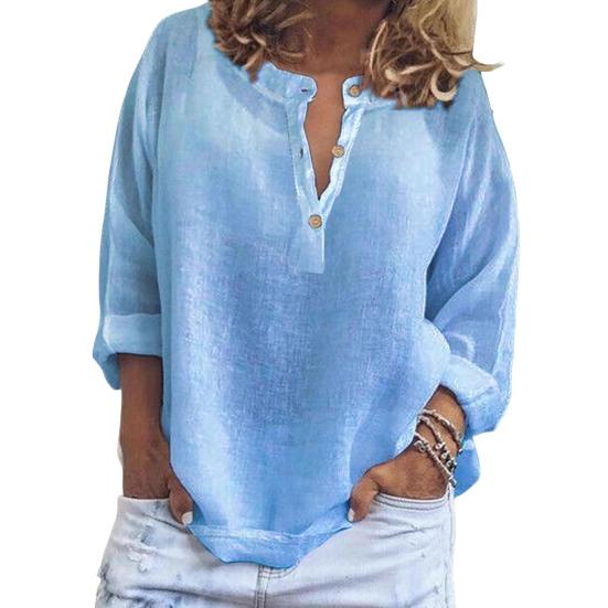 Women Shirt V-Neck Long Sleeve Loose Fit Solid Color Blouse Buttons Half