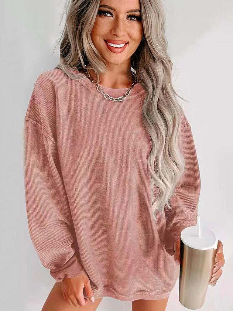 Women's Autumn/Winter Corduroy Round Neck Sweatshirt - Casual Long Sleeve Fashion Pullover