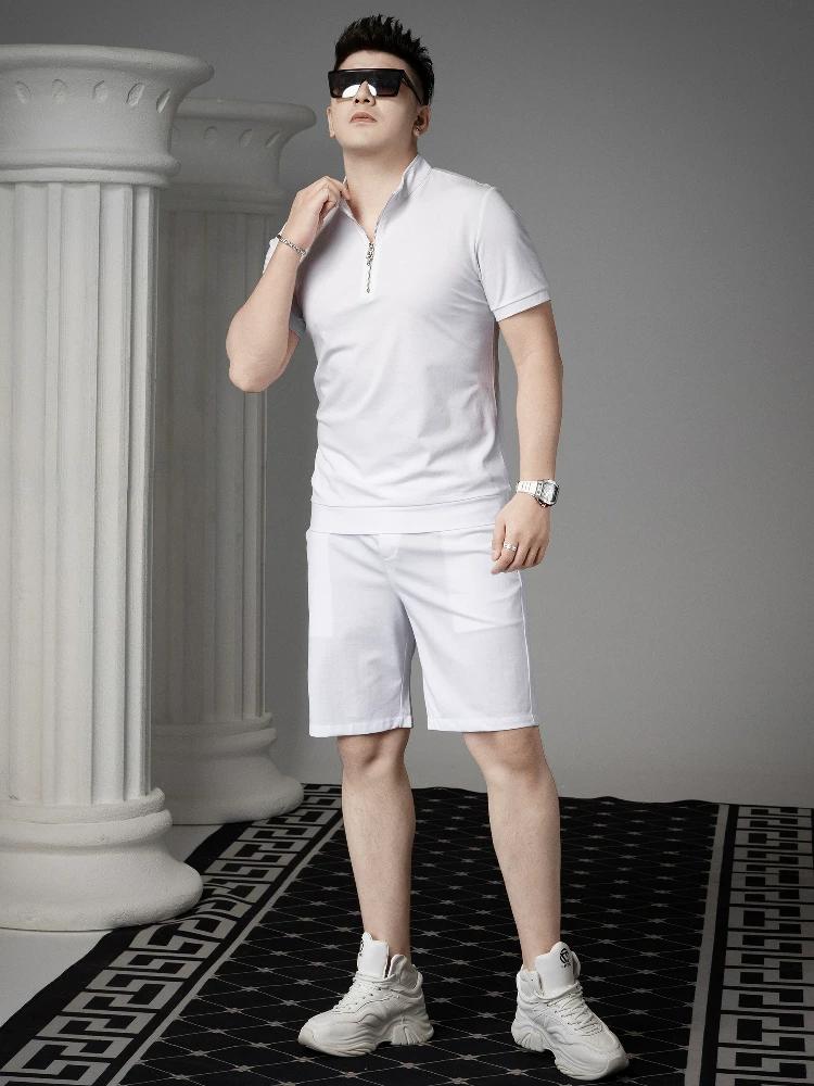 European-Style Solid Color Casual Suit Men's Half-Zip Polo Shirt 2025 Summer New Short-Sleeve Five-Point Pants Two-Piece Set