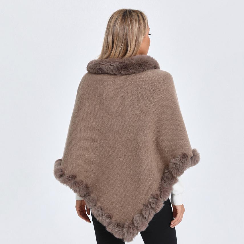 Plus Size Women's Knitted Pullover Shawl with Faux Rabbit Fur Collar - European & American Autumn/Winter Collection