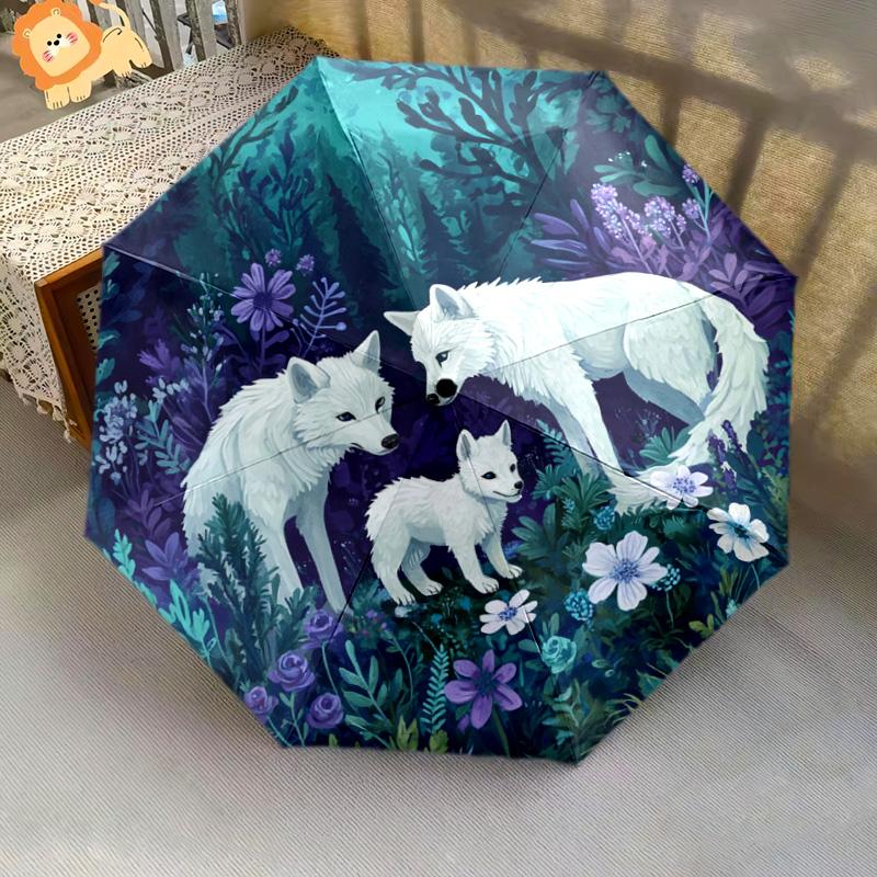 1 PC Automatic Folding Umbrella - Wolf Family Pattern, Portable & Foldable Design with 8 Ribs, Christmas Birthday Gifts