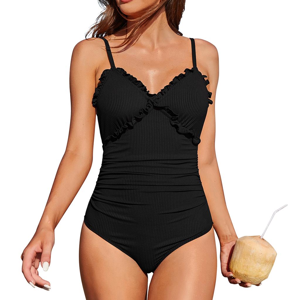 CHARMLEAKS Damen-Badeanzüge, sexy, V-Ausschnitt, Monokini, gerüscht, Push-Up-Badeanzüge