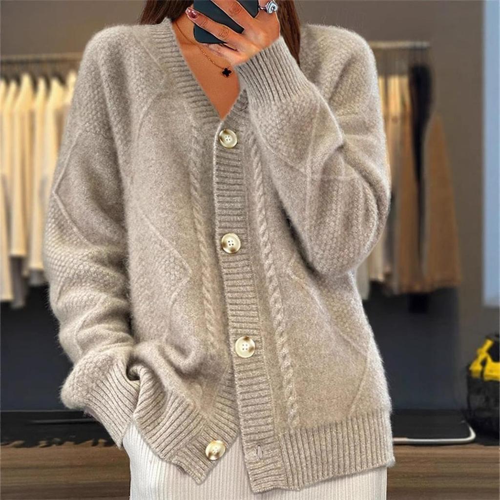 Women's Cable Knit Textured V Neck Long Sleeve Cardigan Solid Color Loose Knit Sweater Coat