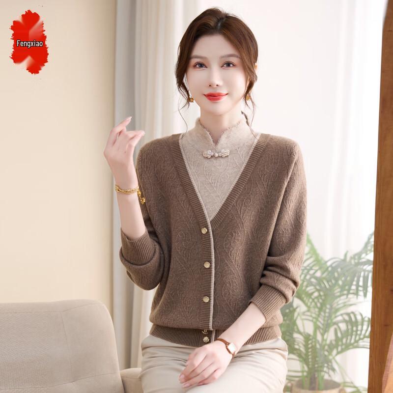 Middle-Aged & Elderly Women s Faux Two-Piece Velvet-Lined Knit Sweater 5XL