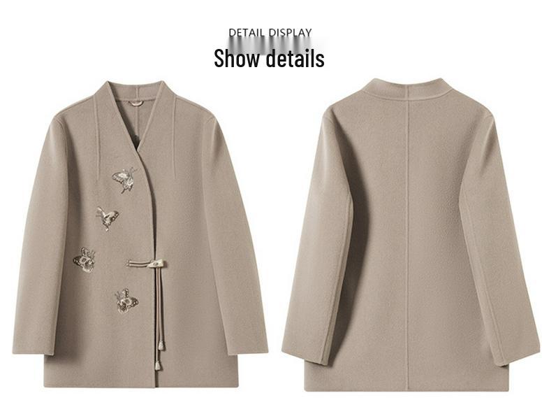 Mom's Embroidered Double-Faced Cashmere V-Neck Short Coat for Middle-Aged and Elderly Women - Autumn/Winter Fashion