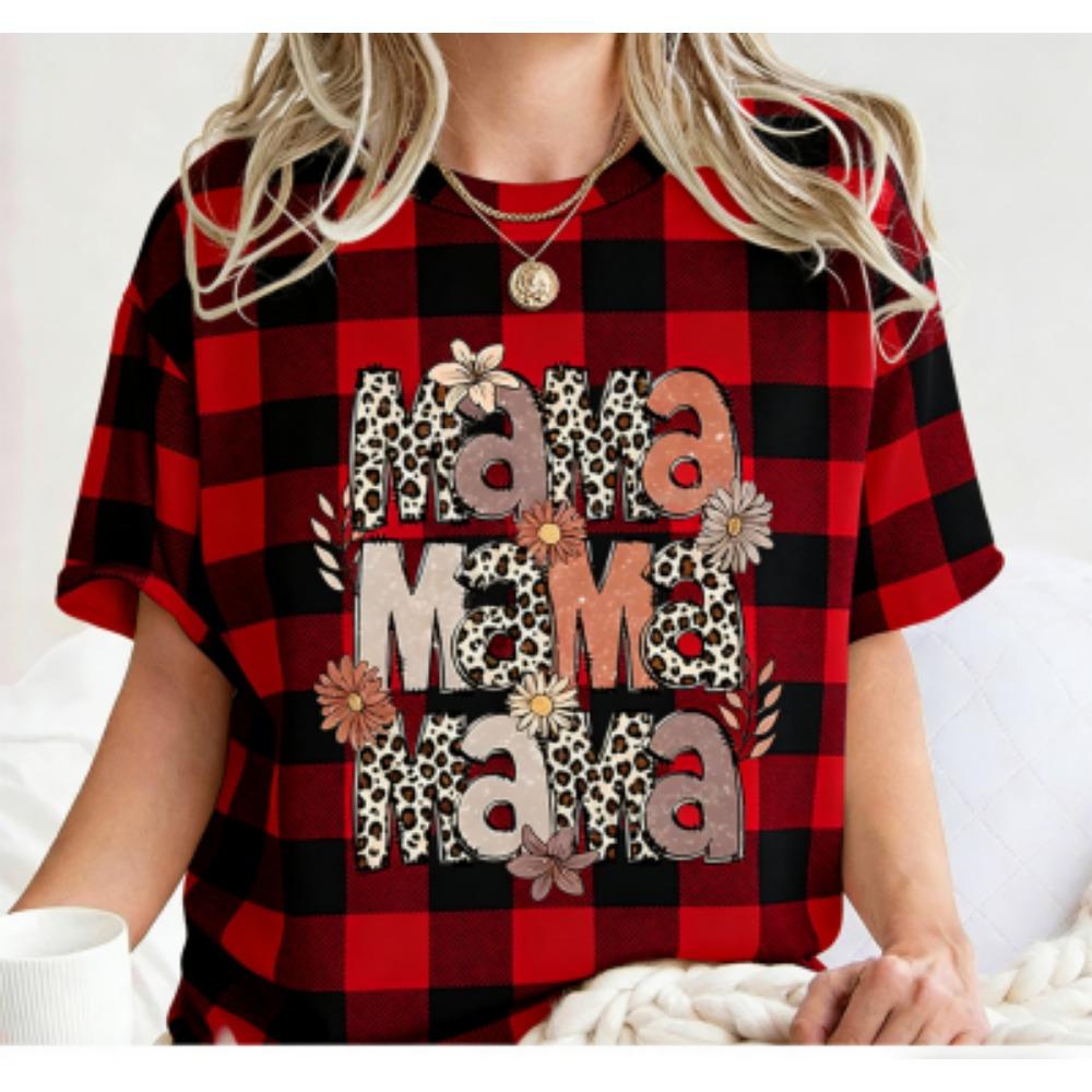 Fashion Funny Grid Leopard Mama Print Women's Short Sleeves T-Shirt Loose Casual Summer Outdoor Street Women's Tees Tops