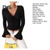 Women Tops V-neck Flared Long Sleeve Lace-up Pullover Tops Slim Fit Solid Color Casual Tops Versatile Daily Wear