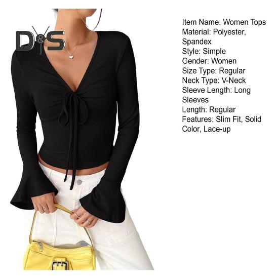 Women Tops V-neck Flared Long Sleeve Lace-up Pullover Tops Slim Fit Solid Color Casual Tops Versatile Daily Wear