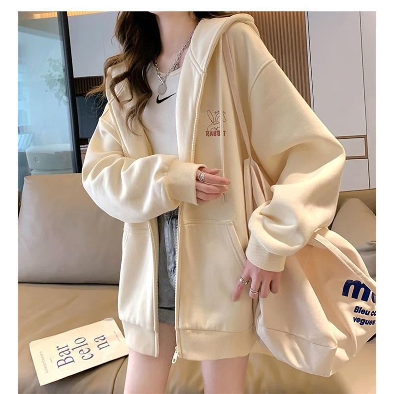 Women's Fleece Lined Zip Up Hoodie Cartoon Embroidery Casual Oversized Jacket