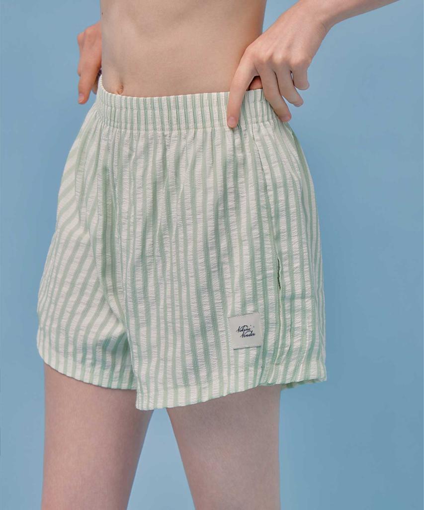 VIKINI VENDER Seersucker Summer Striped Elastic Shorts - Yellow Green