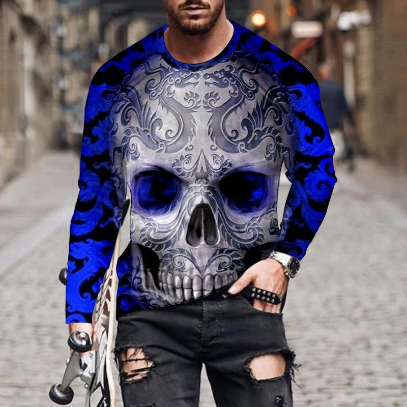Jarní a podzimní pánská trička s dlouhým rukávem, módní a ležérní, s 3D potiskem vzoru lebky a kulatým výstřihem