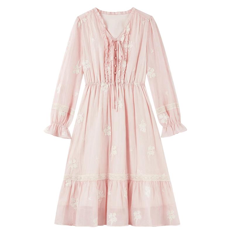Qiushui Yiren Elegant V-Neck Embroidered Midi Dress L