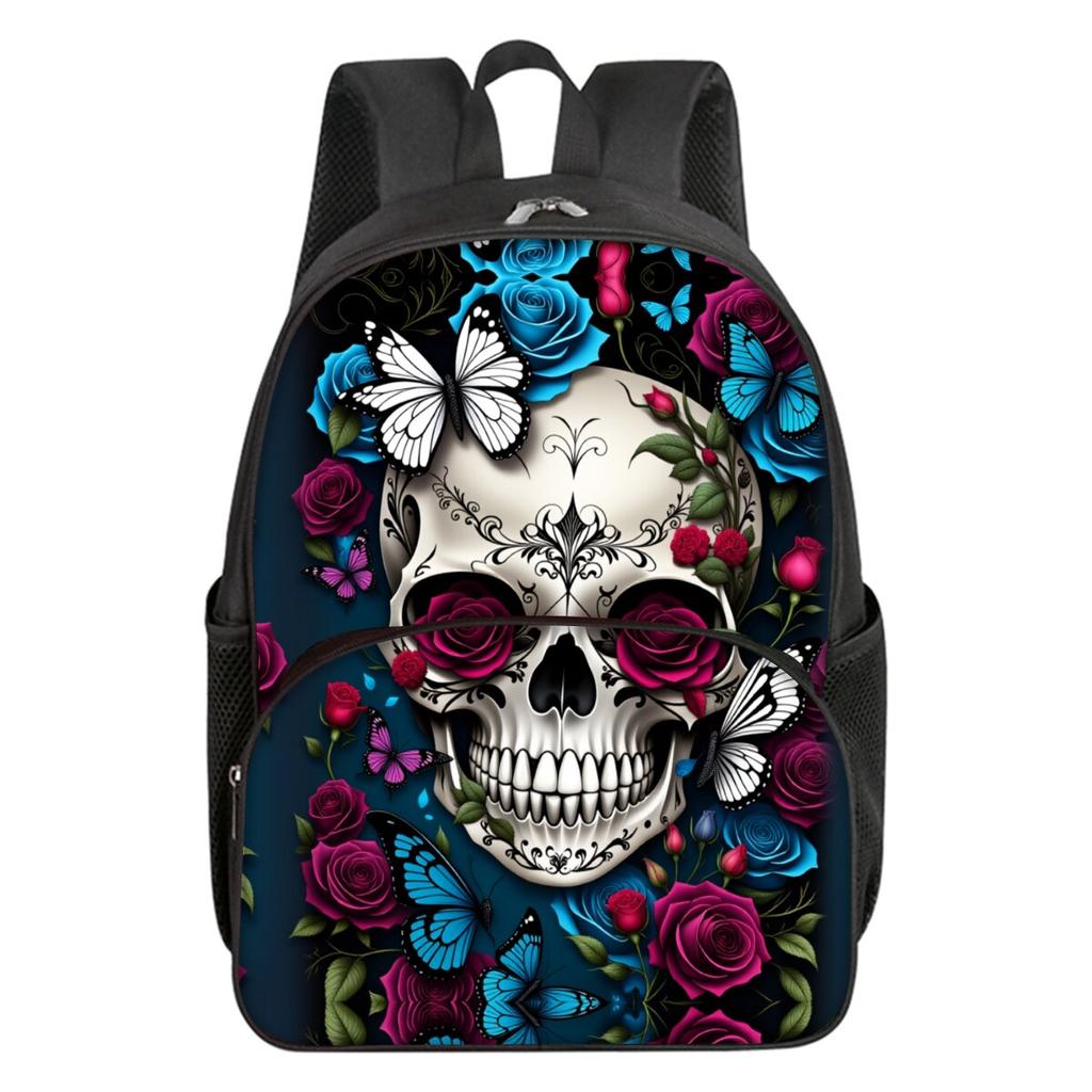 Skull Flower Print School Backpack for Boys/Girls Best Gift Waterproof 2D Flat Cartoon Round Front Pocket Bag for Children