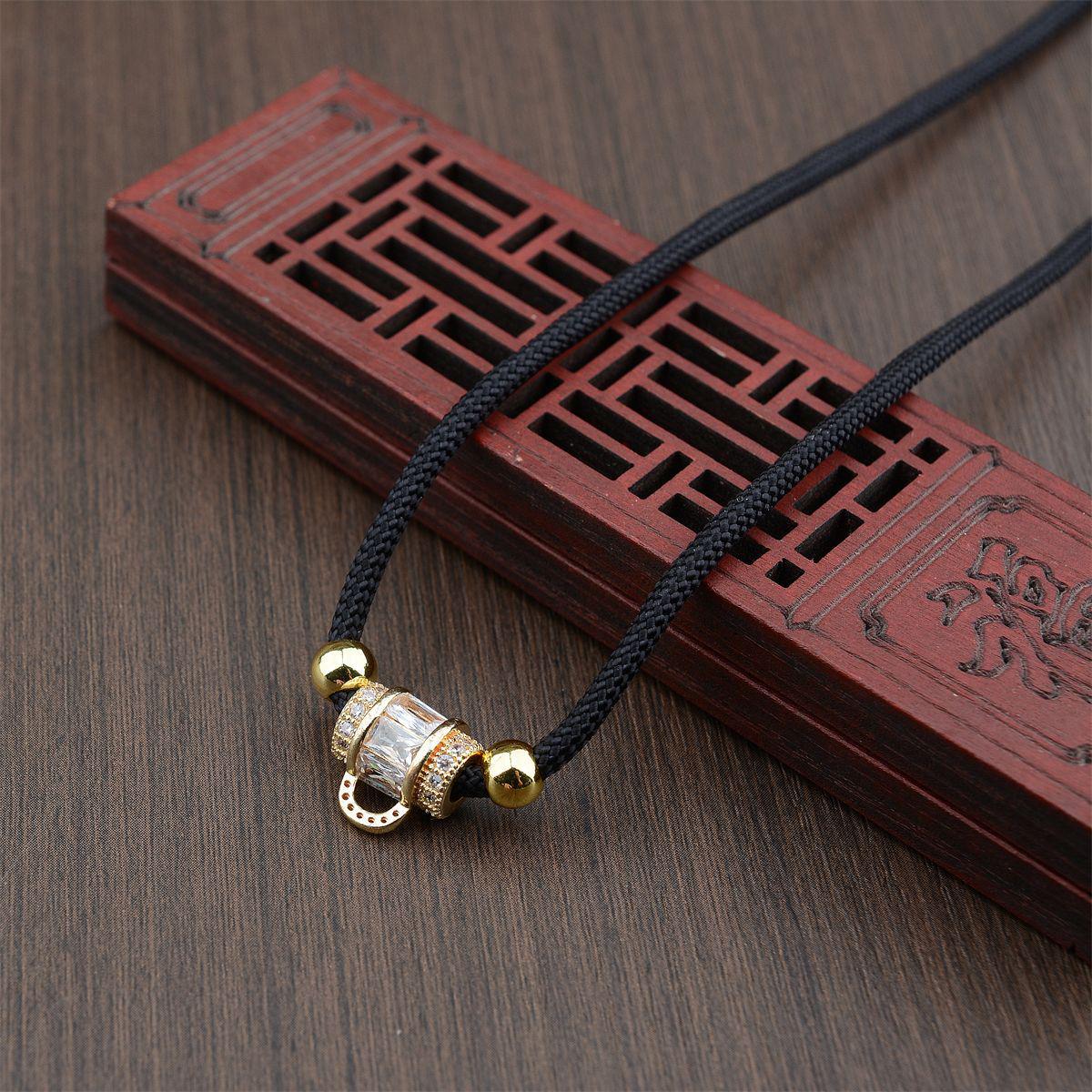 Hand-Woven Alloy Jade Pendant Necklace with Gold Lanyard Rope, Unisex and Versatile