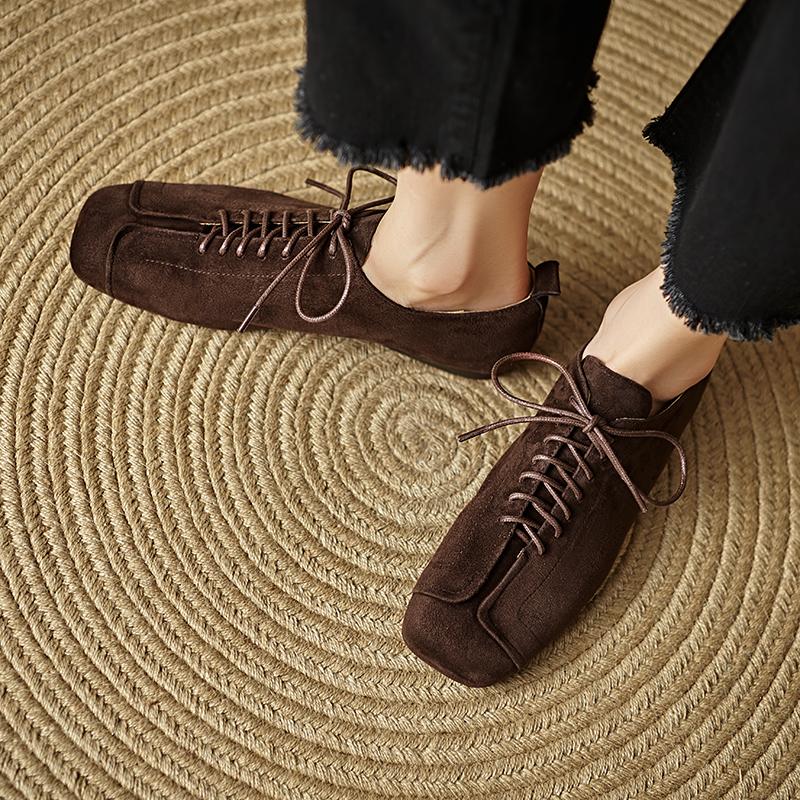 Fashion 2025 Spring New Women Lace-up Low Heel Square Toe Basic Casual Working Comfortable Soft Sheep Suede Leather Shoes Woman Concise