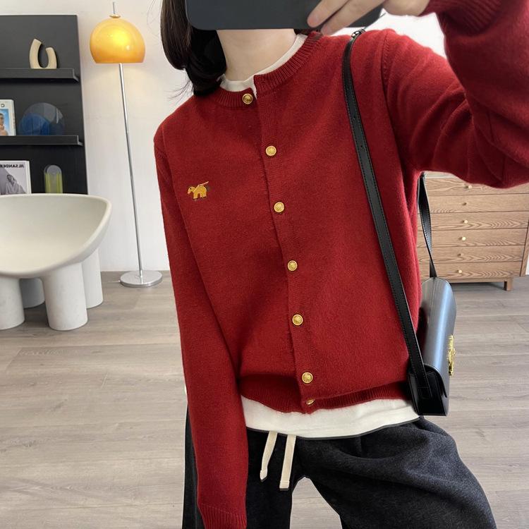 2024 Spring Women's Wool Cardigan - Round Neck with Little Horse Embroidery.