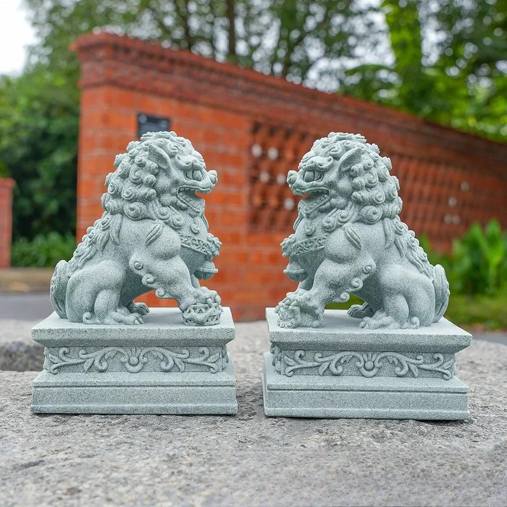 Lucky Wealth China Stone Lion Carving a Pair of Feng Shui Home Bar Desktop Mascot China Feng Shui Kirin Jewelry Decoration