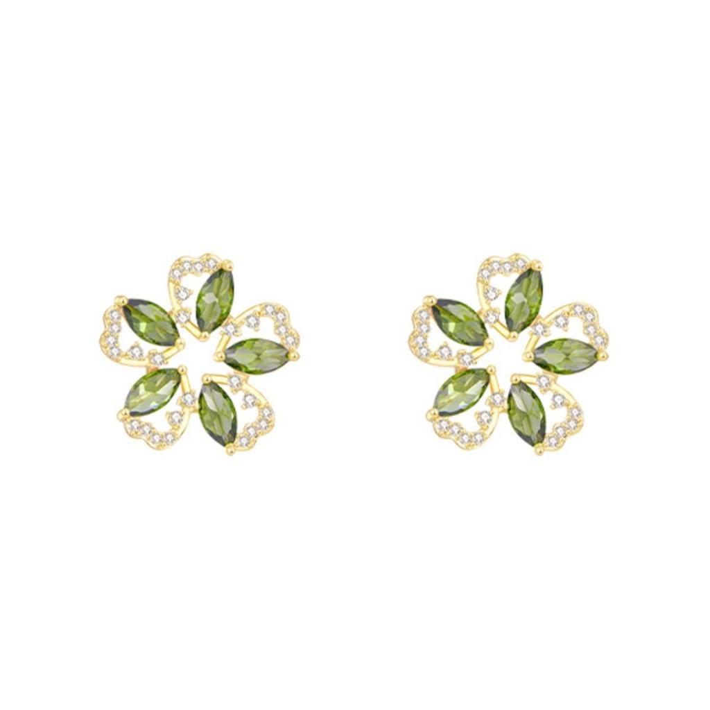 2025 Olive Green Hollow Flower Petal Earrings with Micro-set Zirconia