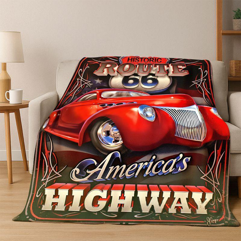 

Retro Route66 America Mother Road Sign Flannel Blanket Soft Warm Throw Blanket for Bedroom Living Room Bed Travel Camping Picnic 75x90cm