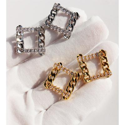 Shining Zircon Splicing Metal Chain Stud Earrings Cold Wind Hollow Geometric Rhombus Earrings Silver Needle 118