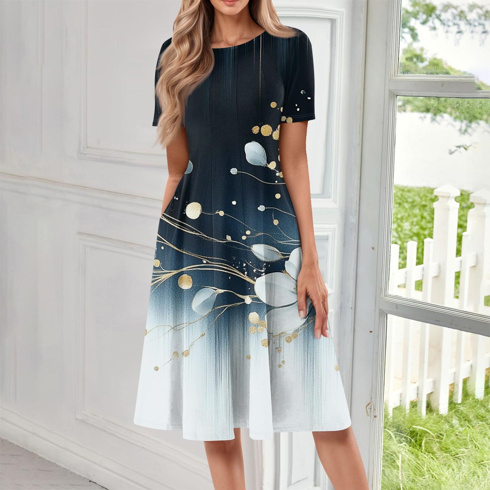 Lässiges, modisches Midikleid mit Rundhalsausschnitt und kurzen Ärmeln und Print für Damen L dunkelblau