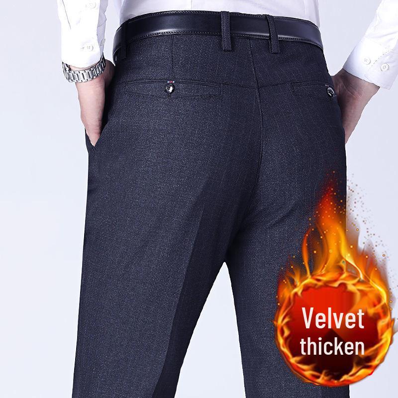 Men's Fleece-Lined Straight-Leg Dress Pants for Autumn & Winter - Casual, Loose, Thickened Style for Middle-Aged & Elderly.
