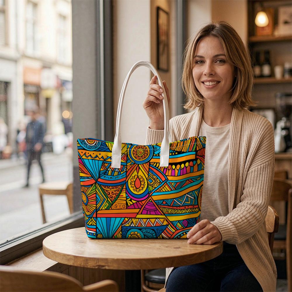 Bohemian Geometric Pattern Tote Bag Colorful Casual Large Capacity Portable Shoulder Handbag for Daily Outdoor Commute Shopping Travel