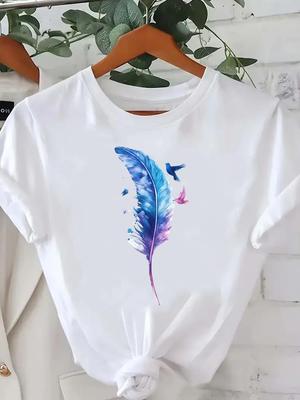 (Asian Size) T Shirt Tee Feather Trend Cute Top Clothing Fashion Women Casual Printed Lady Female Graphic  Short Sleeve T-shirts