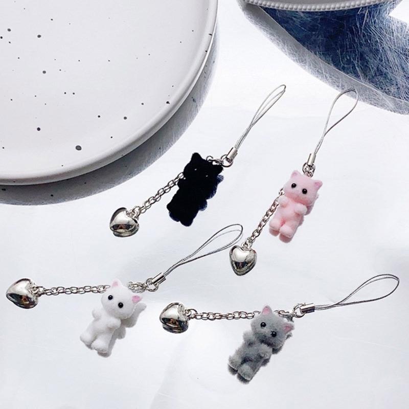 Fashion Flocking Cat Heart Pendant Phone Straps Lanyard Pocket Keychain Strap Backpack Charm Car Key Decoration