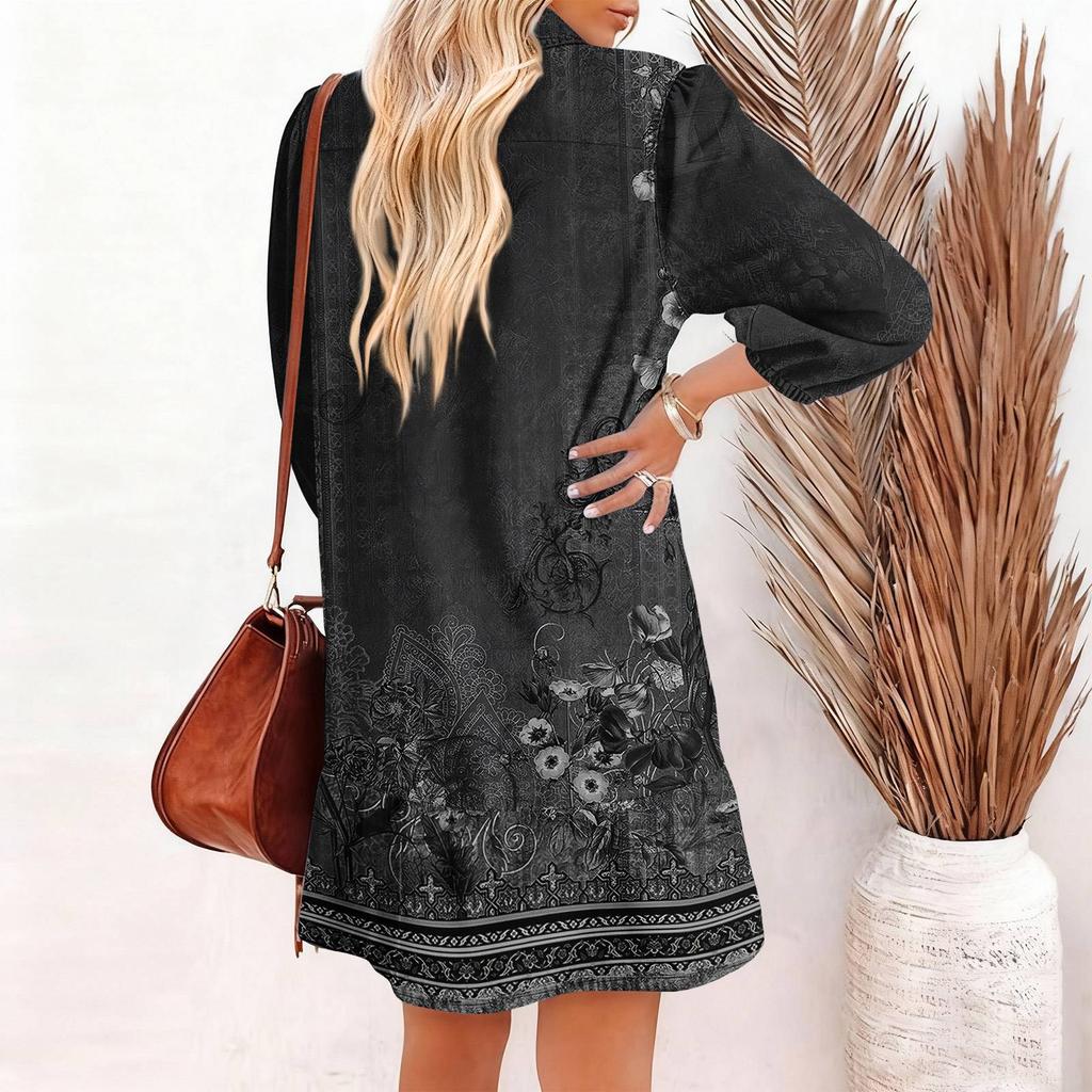 Women's Fashion Elegant Autmn And Winter Long Sleeve V,Neck Christmas Print Dress