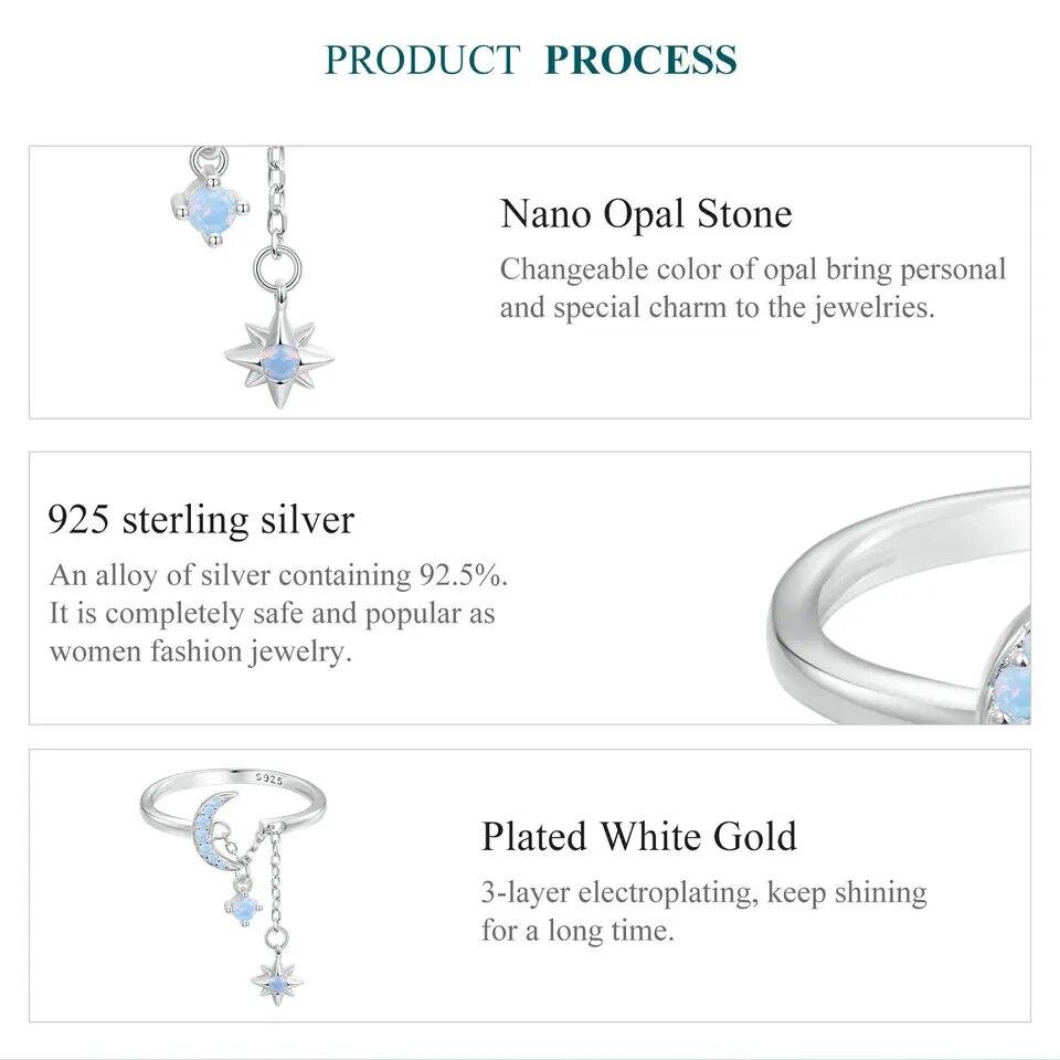 WOSTU 925 Sterling Silver Star and Moon Link Ring With Nano Opal For Women's Engagement & Proposal Parties Fine Jewelry Gifts