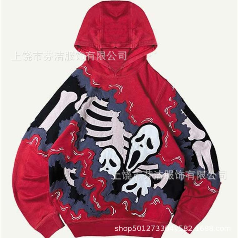 American Flame Skull Frame 3D Printed Hooded Sweatshirt, Vintage High Street Loose Trendy Brand Pullover Sweatshirt