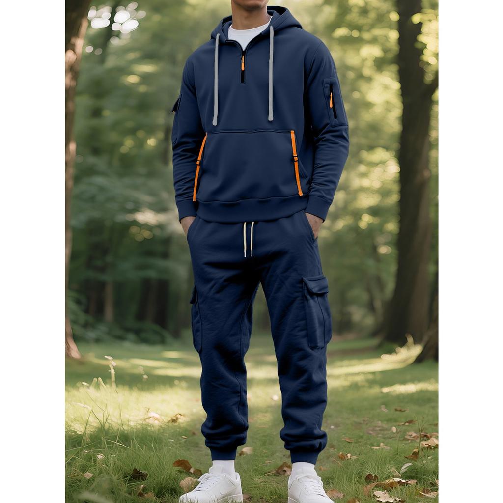 New, Autumn/Winter, Men's, Velvet Hoodie, Fashion, Hoodie, Zipper, Multi Pocket, Work Pants Set