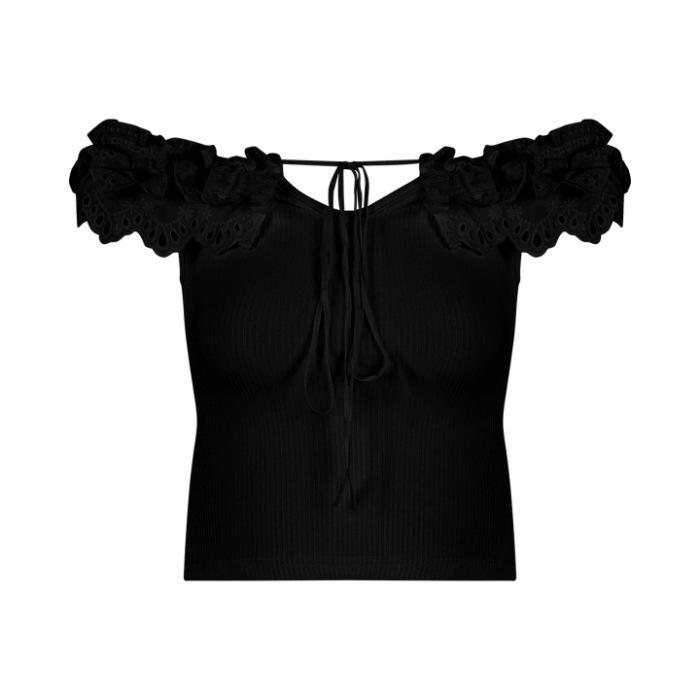 With Chest Pad, One-word Shoulder Lace Hook-up Splicing Short-sleeved Tube Top T-shirt Women's Summer Slim-fitting Waist Tight Pure Desire Top