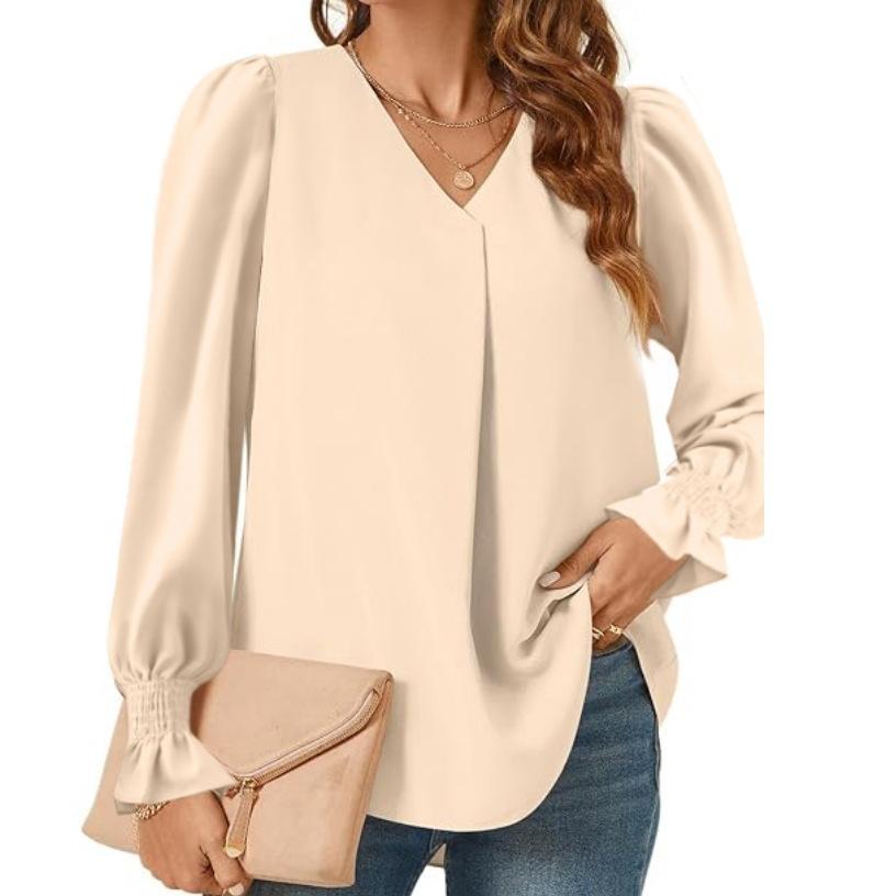 Maglione con scollo a V per donna, tinta unita, manica lunga, arricciato, ampio, casual, alla moda, elegante, da lavoro, manica lunga, traspirante, leggero, morbido