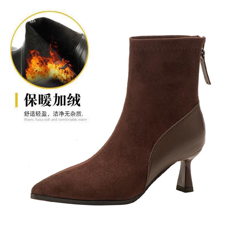 High Heel Short Boots Thin Heel Pointed Skinny Boots Suede Splicing Coffee Boots Medium Boots