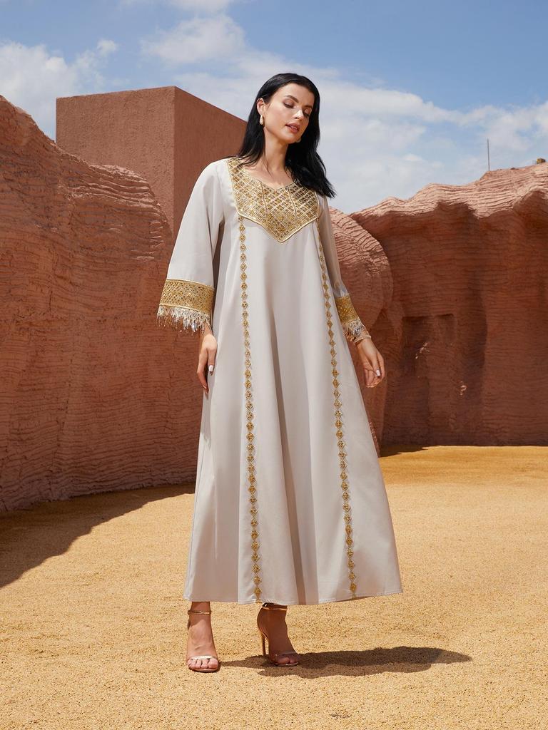 NC75 Women's Vintage Loose Plus Size Abaya: Middle Eastern Patchwork Sequin Robe with Round Neck