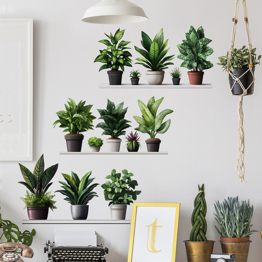 Painted Green Plant Potted Plants Bedroom Living Room Home Wall Background Beautification Decorative Wall Stickers
