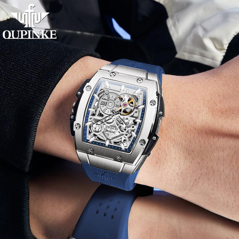 OUPINKE Hollow Barrel Mekanik Saat Moda Silikon Su Geçirmez Erkek Saati Erkek Saati