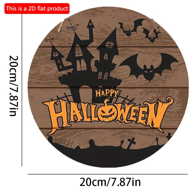 2D Flach 20*20cm, Halloween Heimdekoration, Frohes Halloween, Burg Holz Rundes Logo, für Zuhause, Café, Garten, Schlafzimmer, Bar Dekoration.