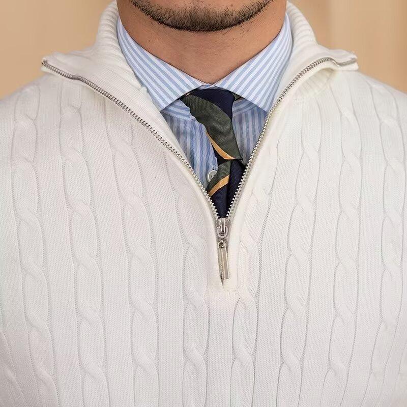 Men's Trendy Casual Slim Fit Cable Knit Half-Zip Sweater with Stand Collar for Autumn and Winter