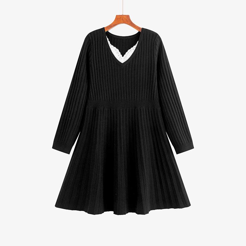 

Plus Size Women s Elegant Patchwork V-neck Lace Knit Woolen Dress - Winter 2025 Style XXXL (90-110 kg) чёрный