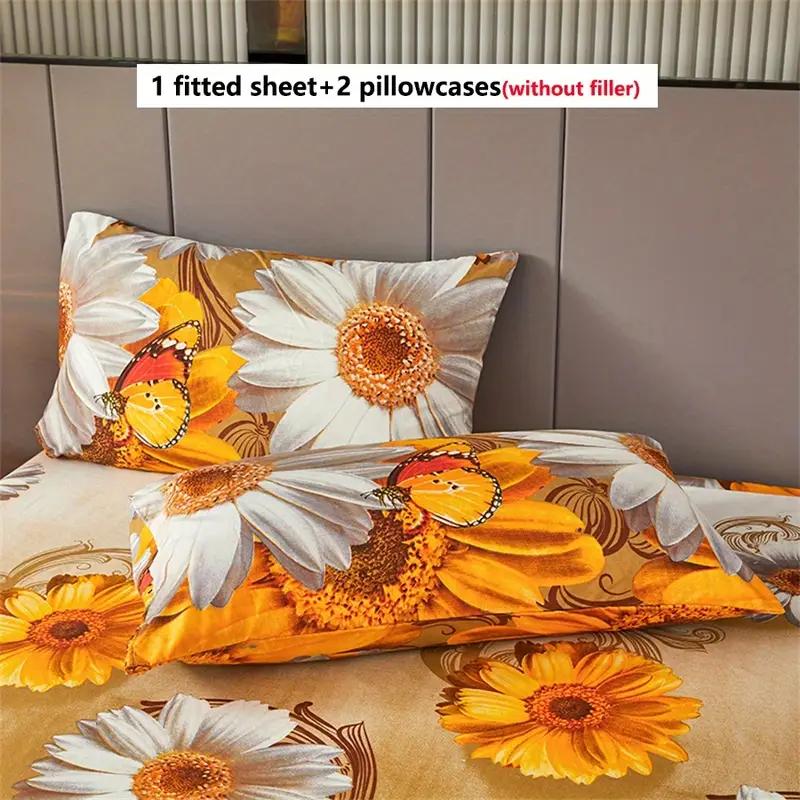 3pcs Golden Sunflower + Butterfly Print Fitted Sheet Set Perfect Fit for Bedroom or Guest Room Use, Bedspread Cover, Mattress Protector, Bedding Set