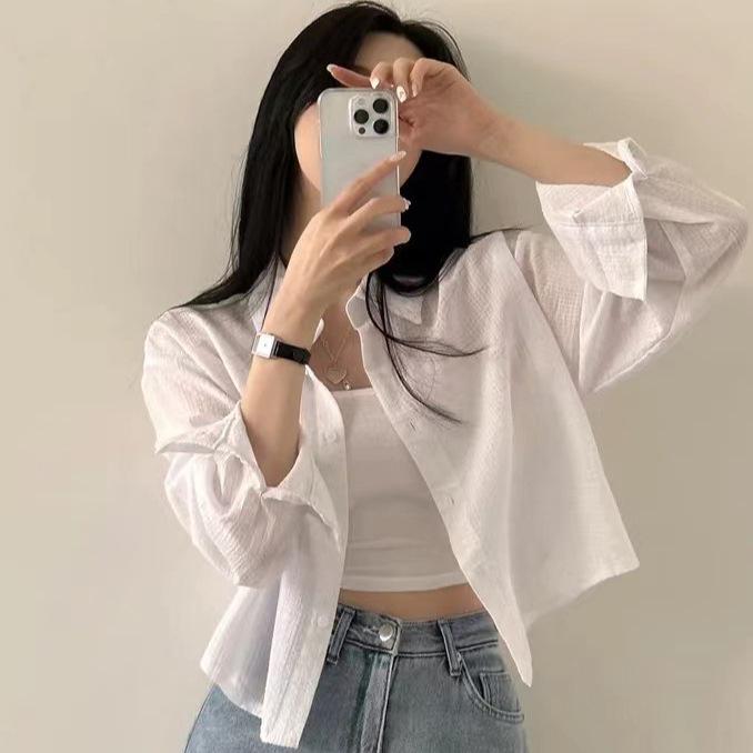 Korean Chic Blue Pinstripe Long-Sleeve Sun Protection Shirt for Women