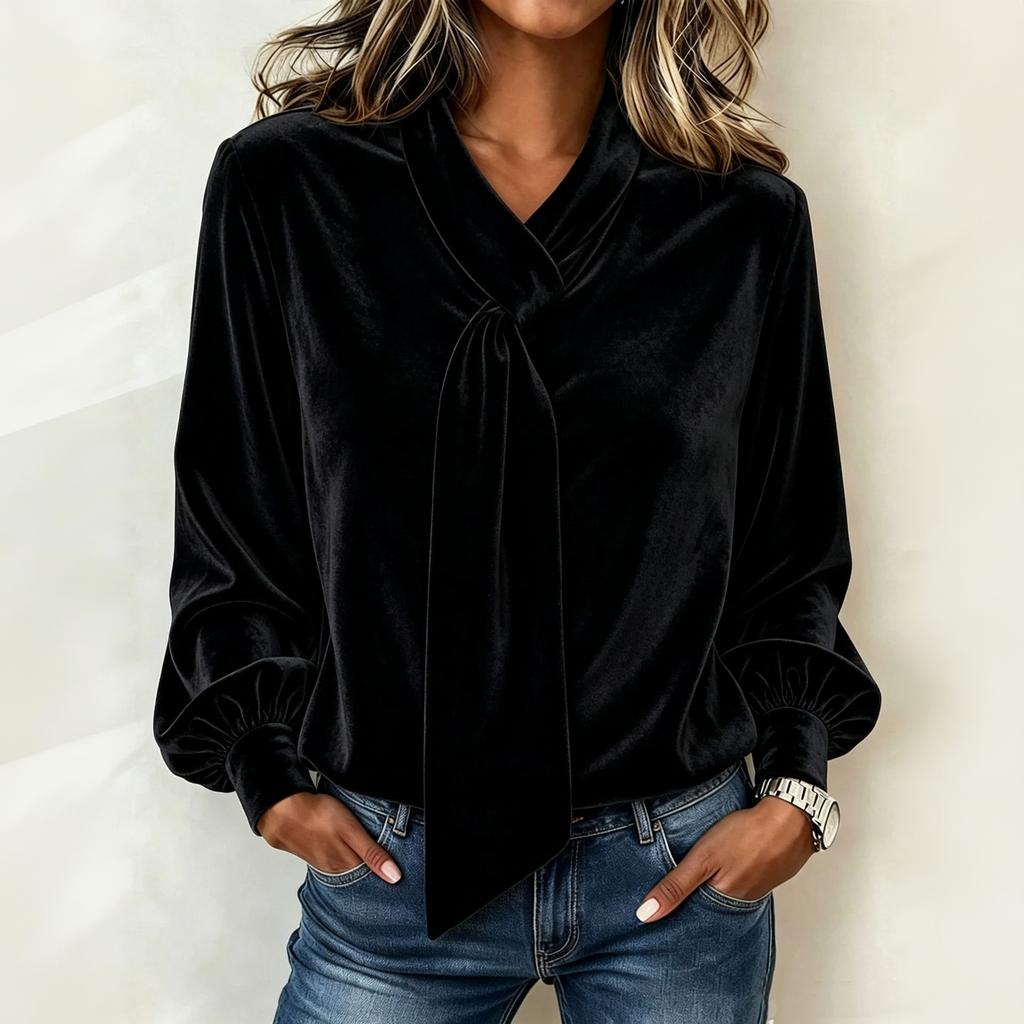 Women's Velvet Hoodie with Ribbon - Color Casual Long Sleeve Pullover for Everyday Wear