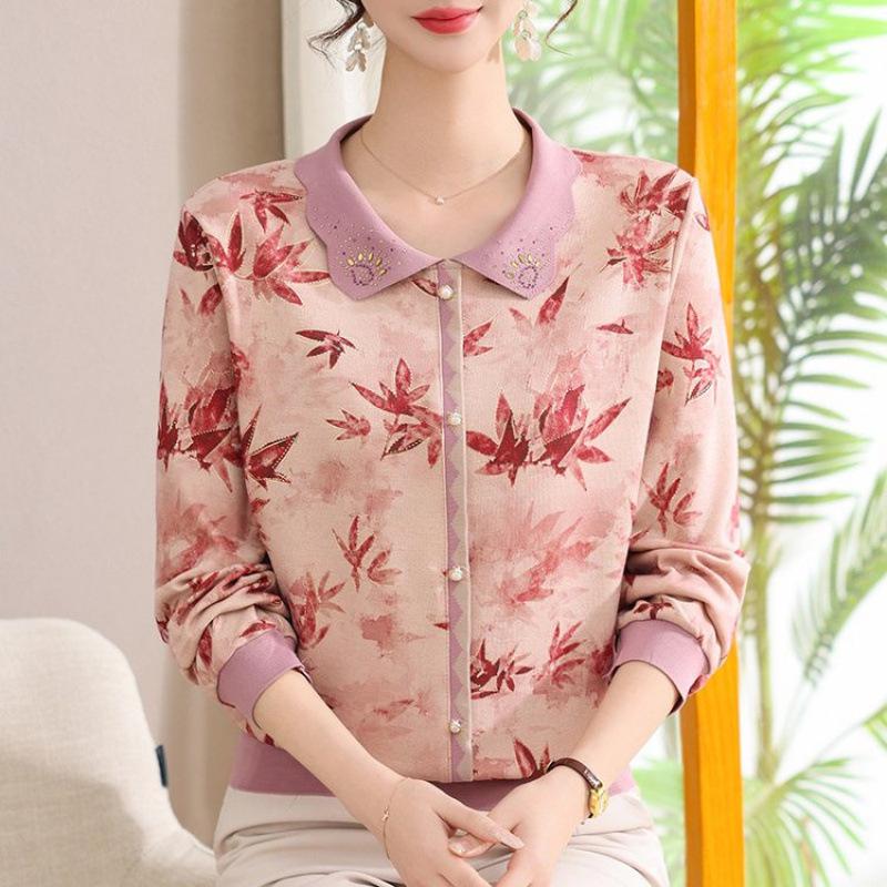Elegant Floral Lapel Top for Middle-Aged Women - Long-Sleeved, Loose Knit, Pullover T-Shirt