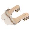 Transparent slippers women's Korean version of pearl outer wear one-word mop 2025 summer new versatile crystal thick heel high heel sandals