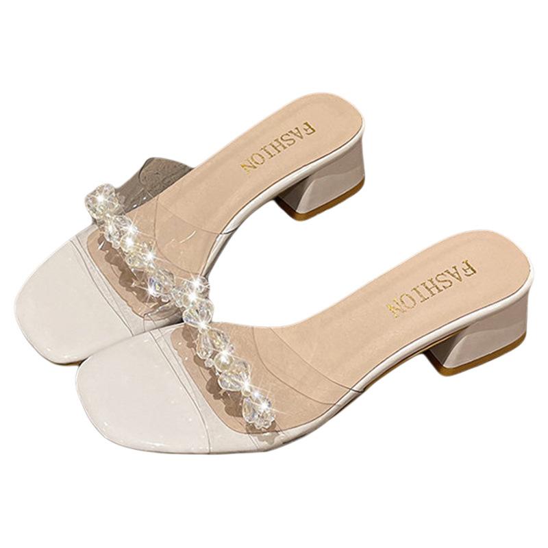 Transparent slippers women's Korean version of pearl outer wear one-word mop 2025 summer new versatile crystal thick heel high heel sandals